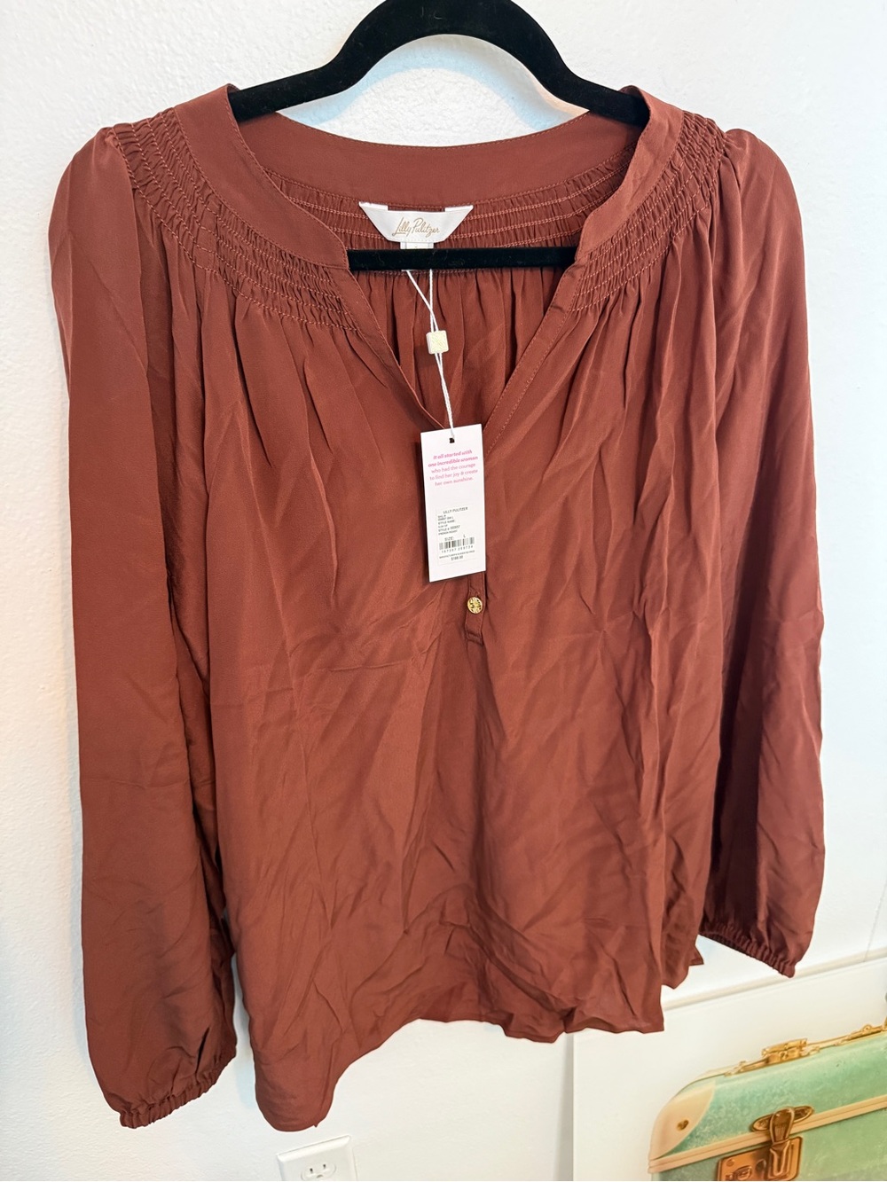 Lilly Pulitzer Rust Brown Smocked Yoke Long Sleeve Blouse